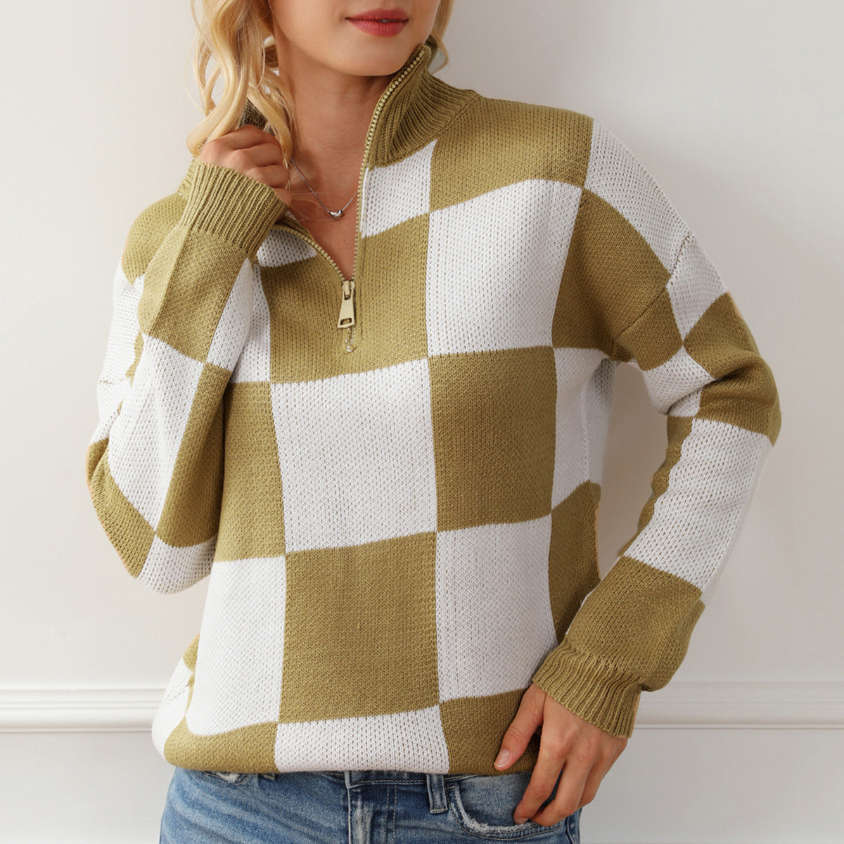 Checkered Half Zip Long Sleeve Sweater