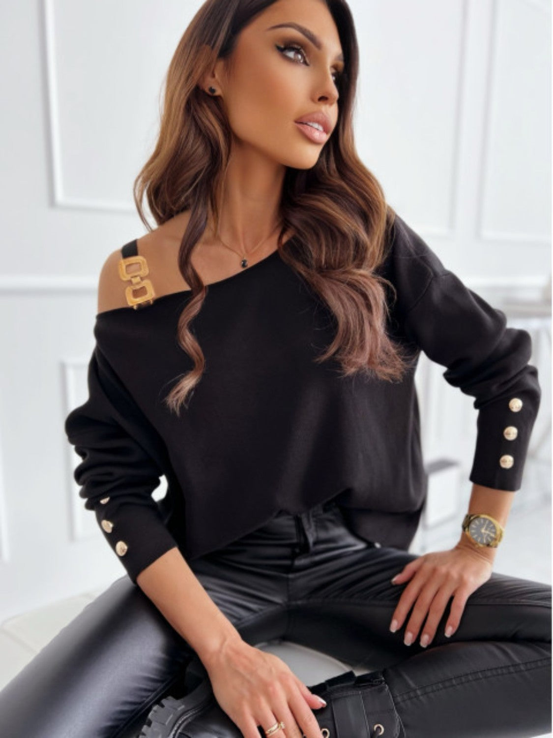 Asymmetrical Neck Buttoned Top