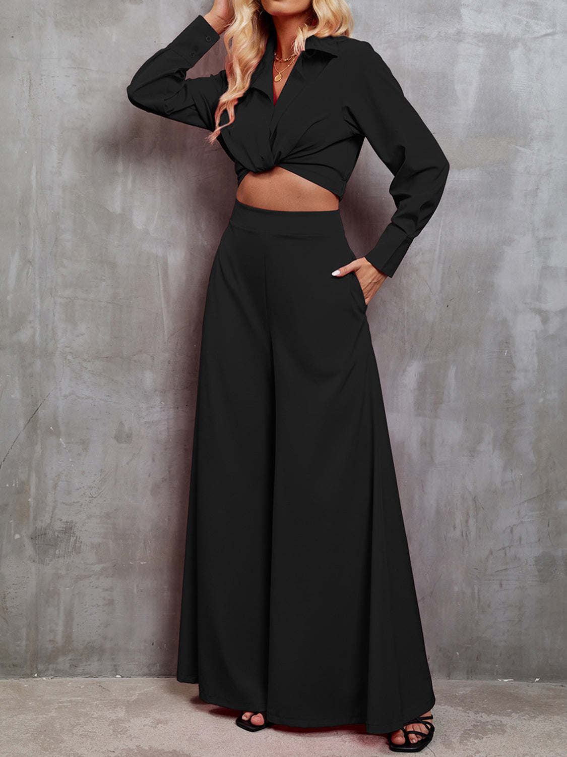 Collared Neck Long Sleeve Top and Wide Leg Pants Set