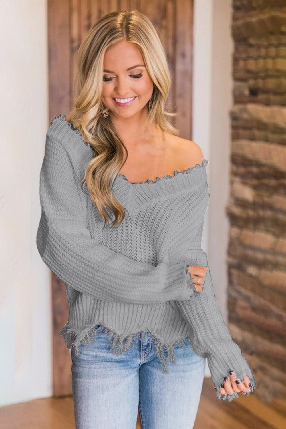 Frayed Hem Dropped Shoulder Sweater