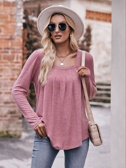 Double Take Pleated Detail Curved Hem Long Sleeve Top