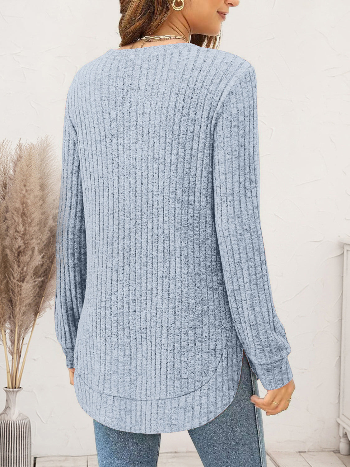 Ribbed Round Neck Long Sleeve T-Shirt