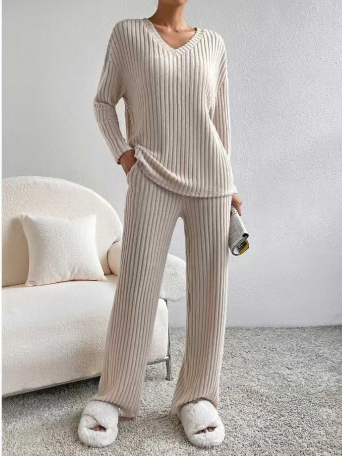 Ribbed V-Neck Long Sleeve Top and Pants Set