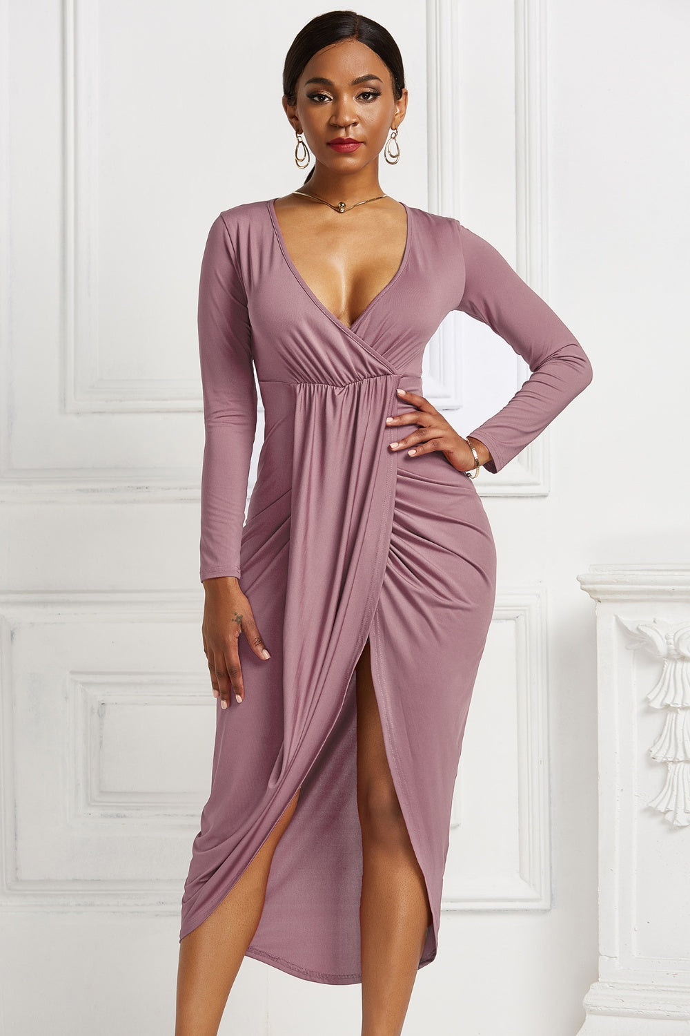 High-low Ruched Surplice Long Sleeve Dress